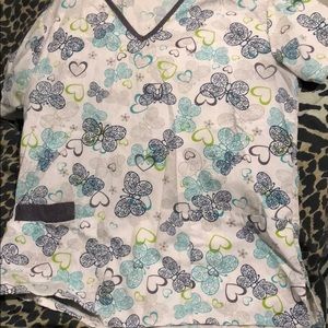 Blue green and gray butterfly scrub top